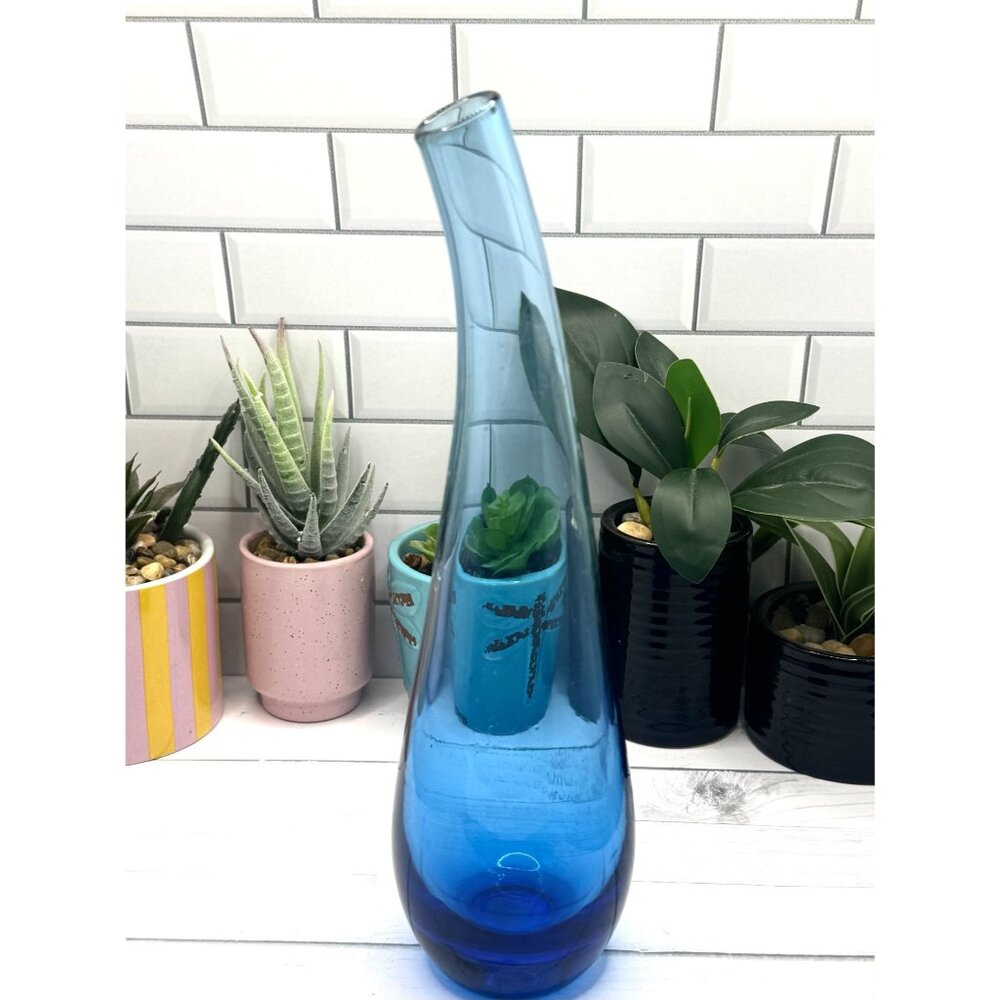 IKEA Blue Hand-Blown Art Glass Teardrop Vase With Curved Neck
